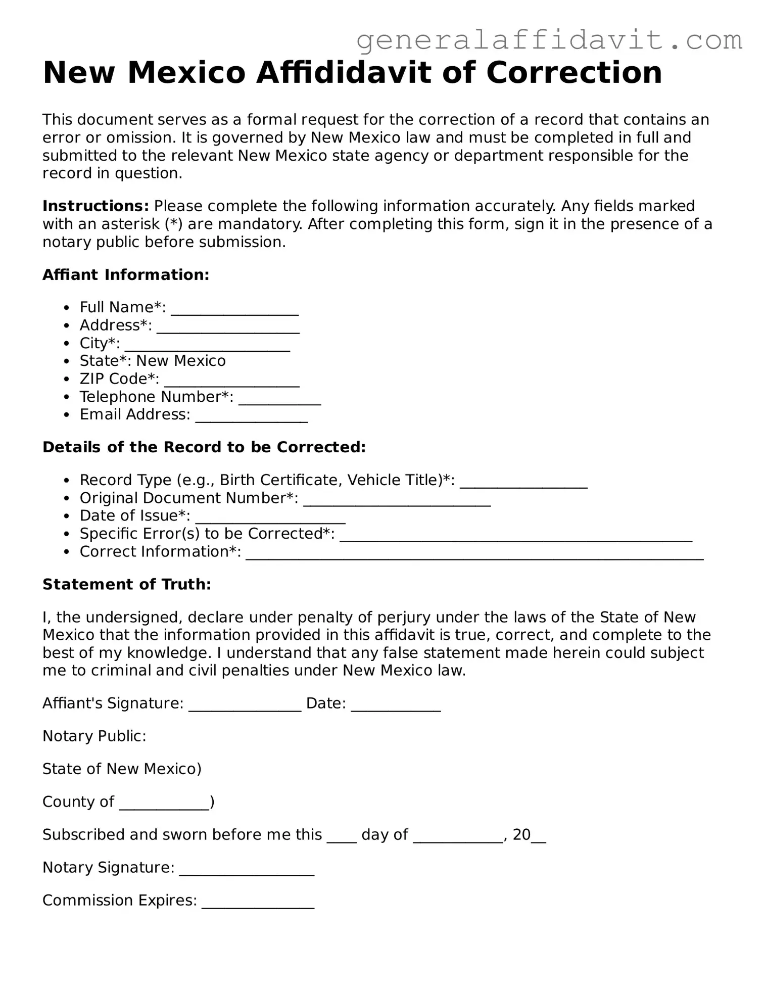 Attorney-Verified New Mexico Affidavit of Correction Template