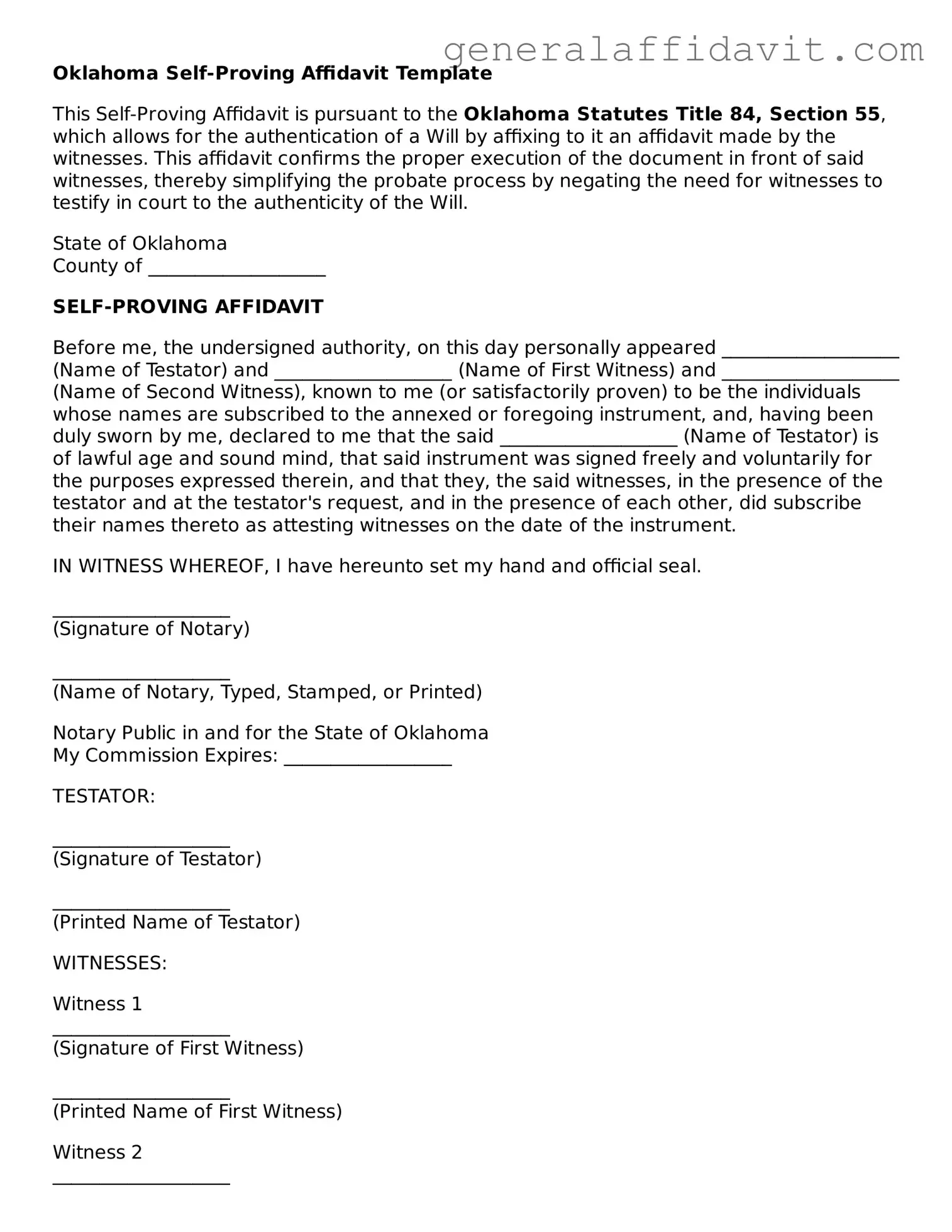 Attorney-Verified Oklahoma Self-Proving Affidavit Template