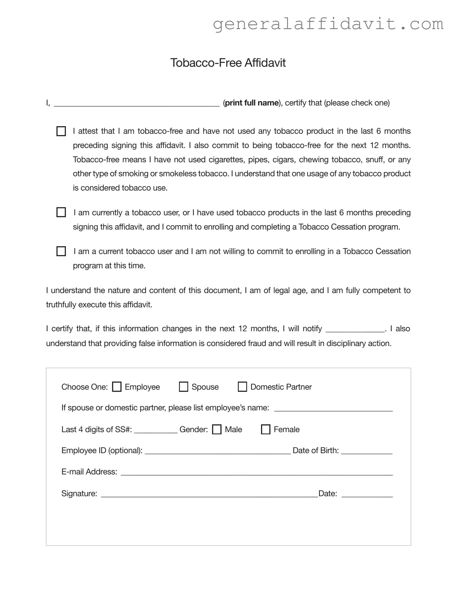 Fill Your Peia Tobacco Affidavit Form