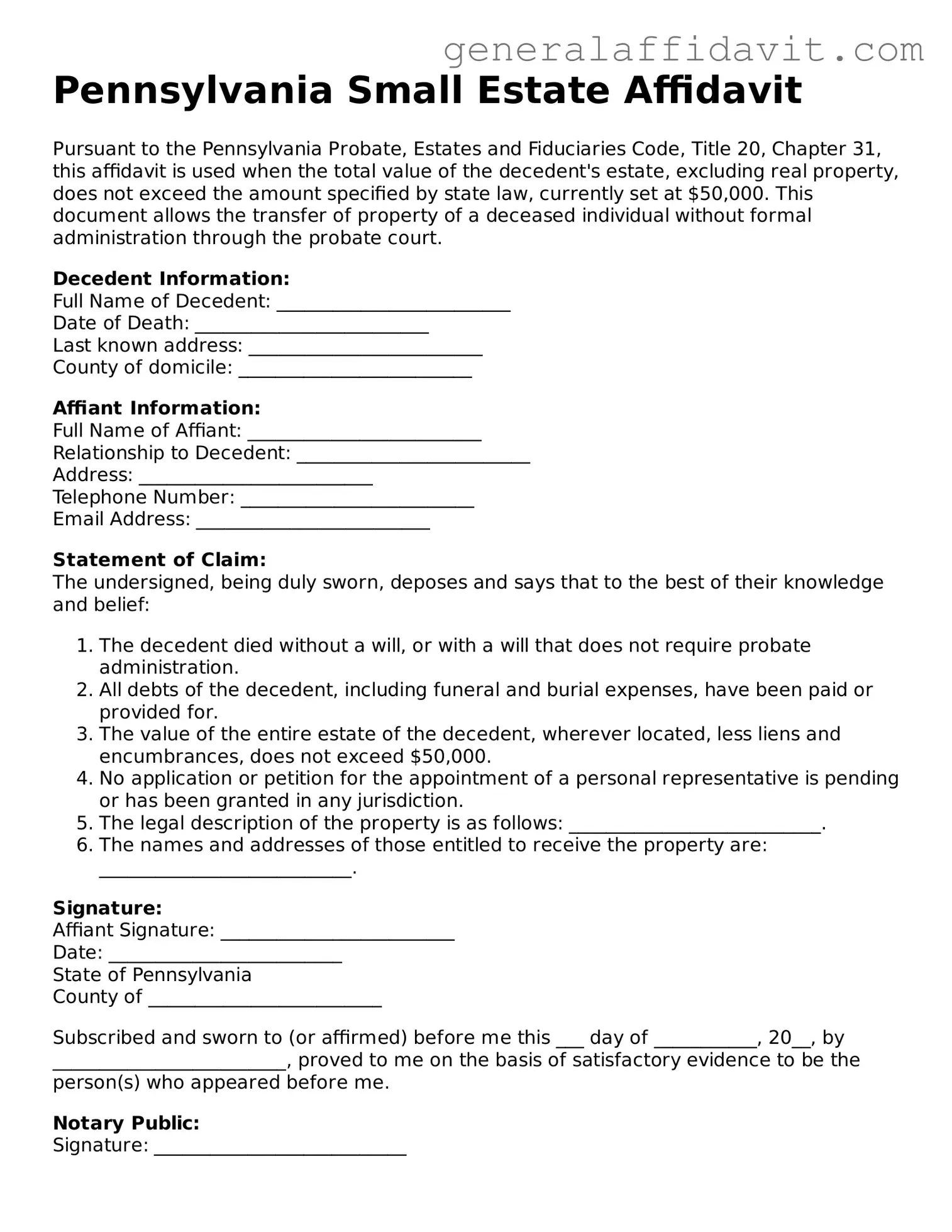 Attorney-Verified Pennsylvania Small Estate Affidavit Template