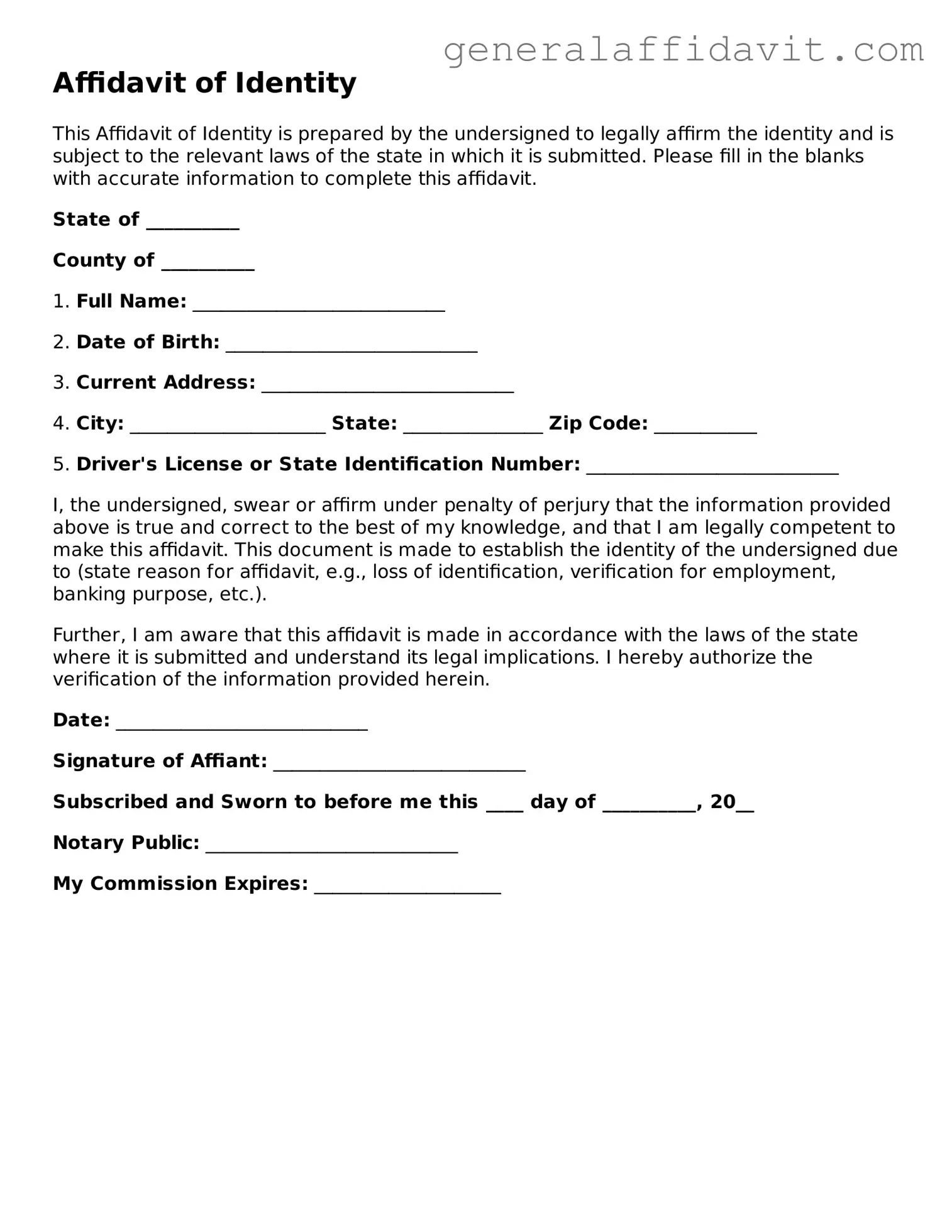 Blank Affidavit of Identity Form