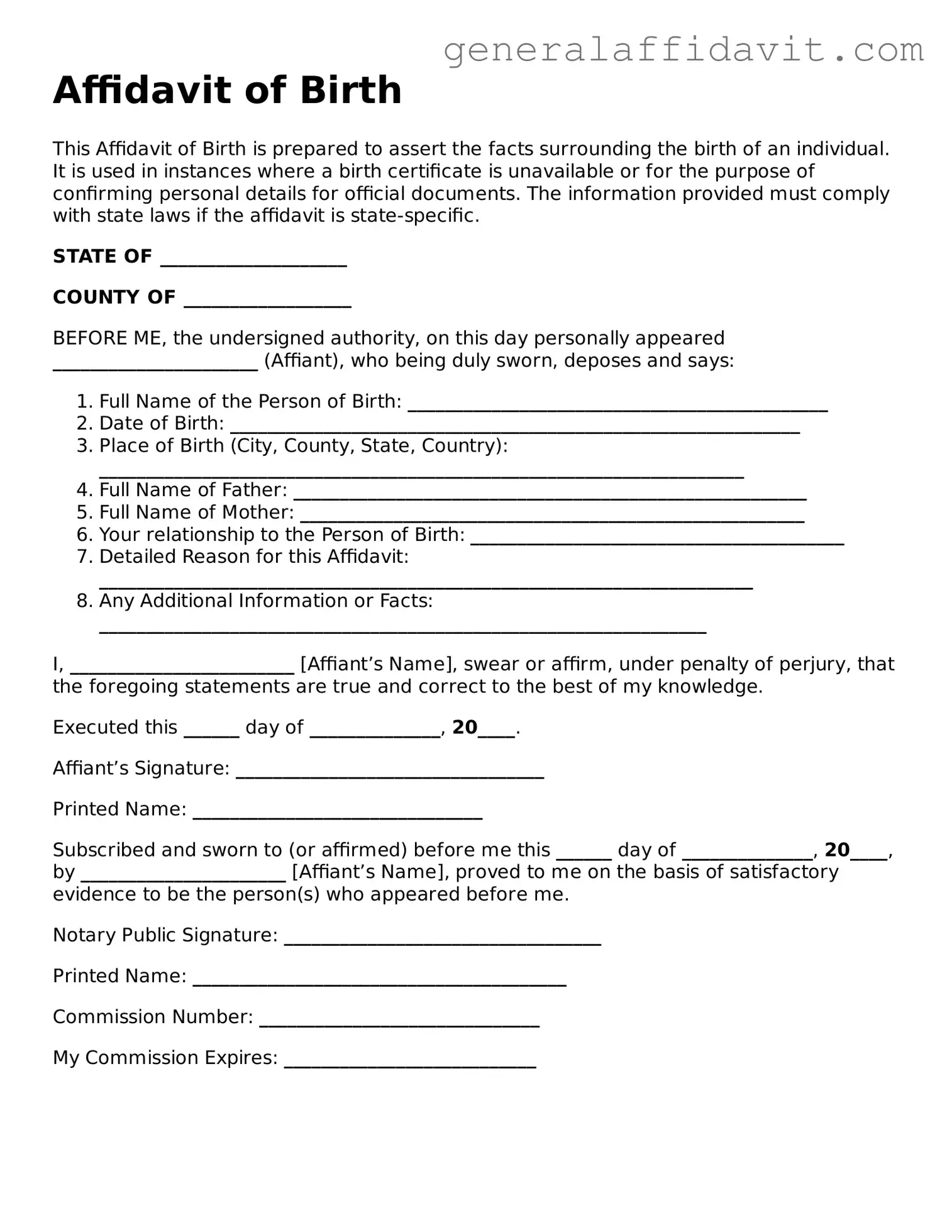 Blank Affidavit of Birth Form