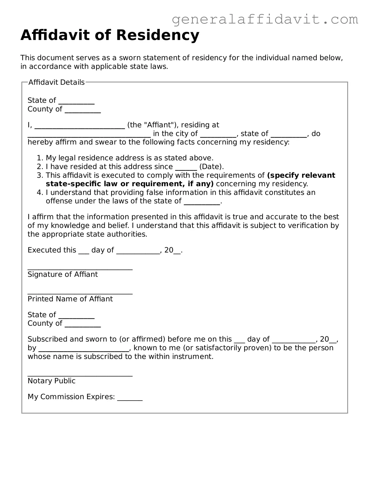 Blank Affidavit of Residency Form