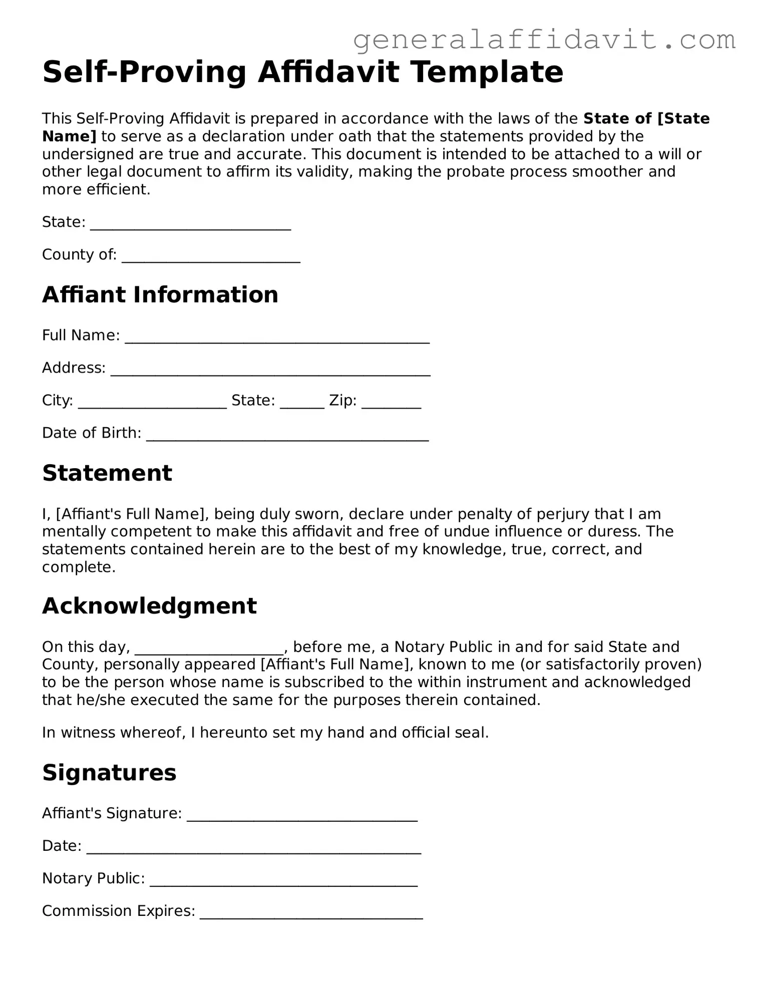 Blank Self-Proving Affidavit Form