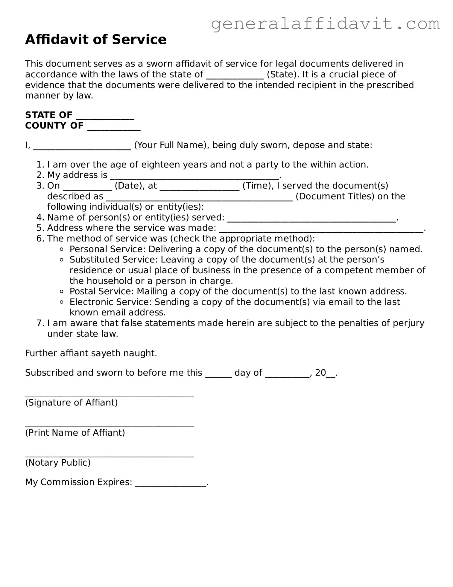 Blank Affidavit of Service Form