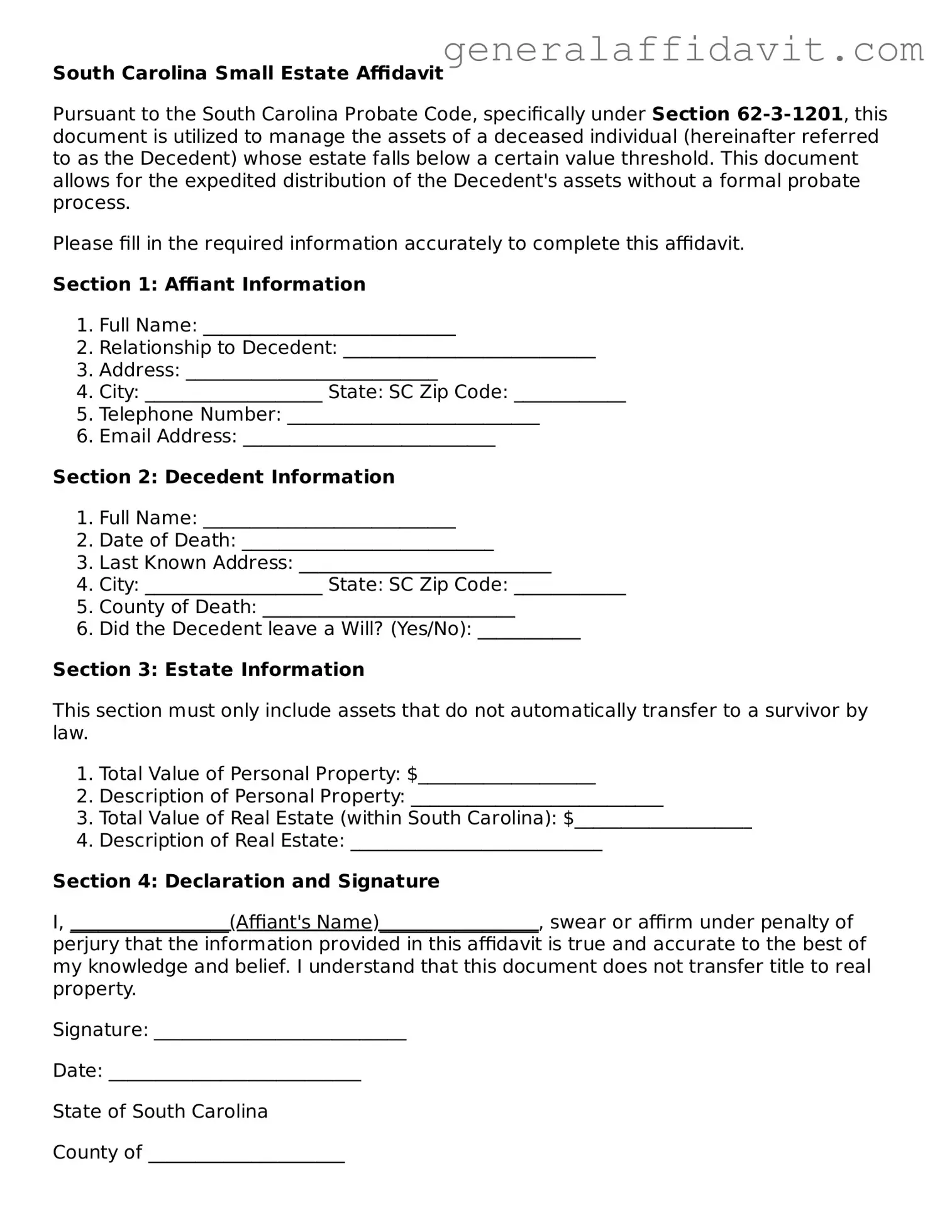 Attorney-Verified South Carolina Small Estate Affidavit Template