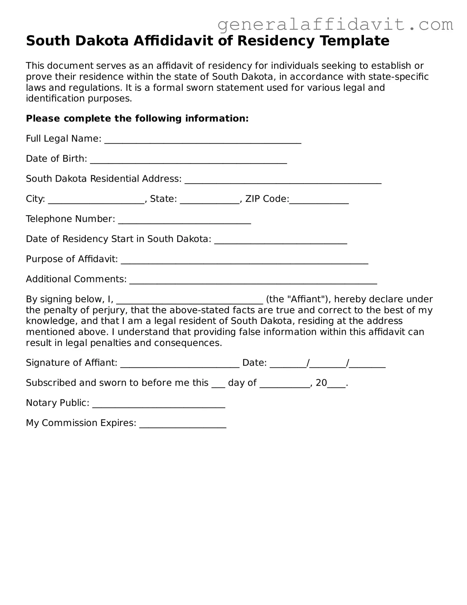 Attorney-Verified South Dakota Affidavit of Residency Template