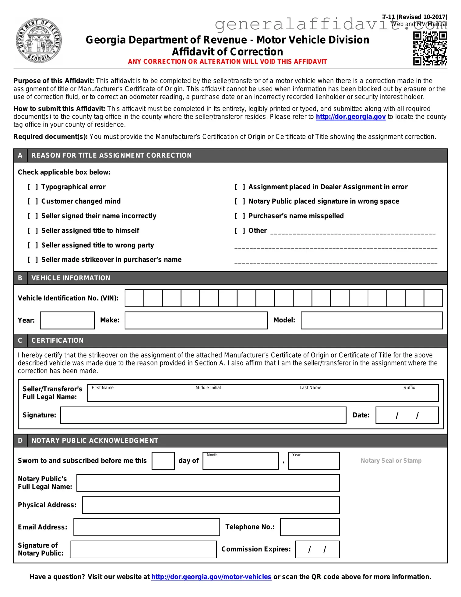 Fill Your T11 Affidavit Of Correction Form