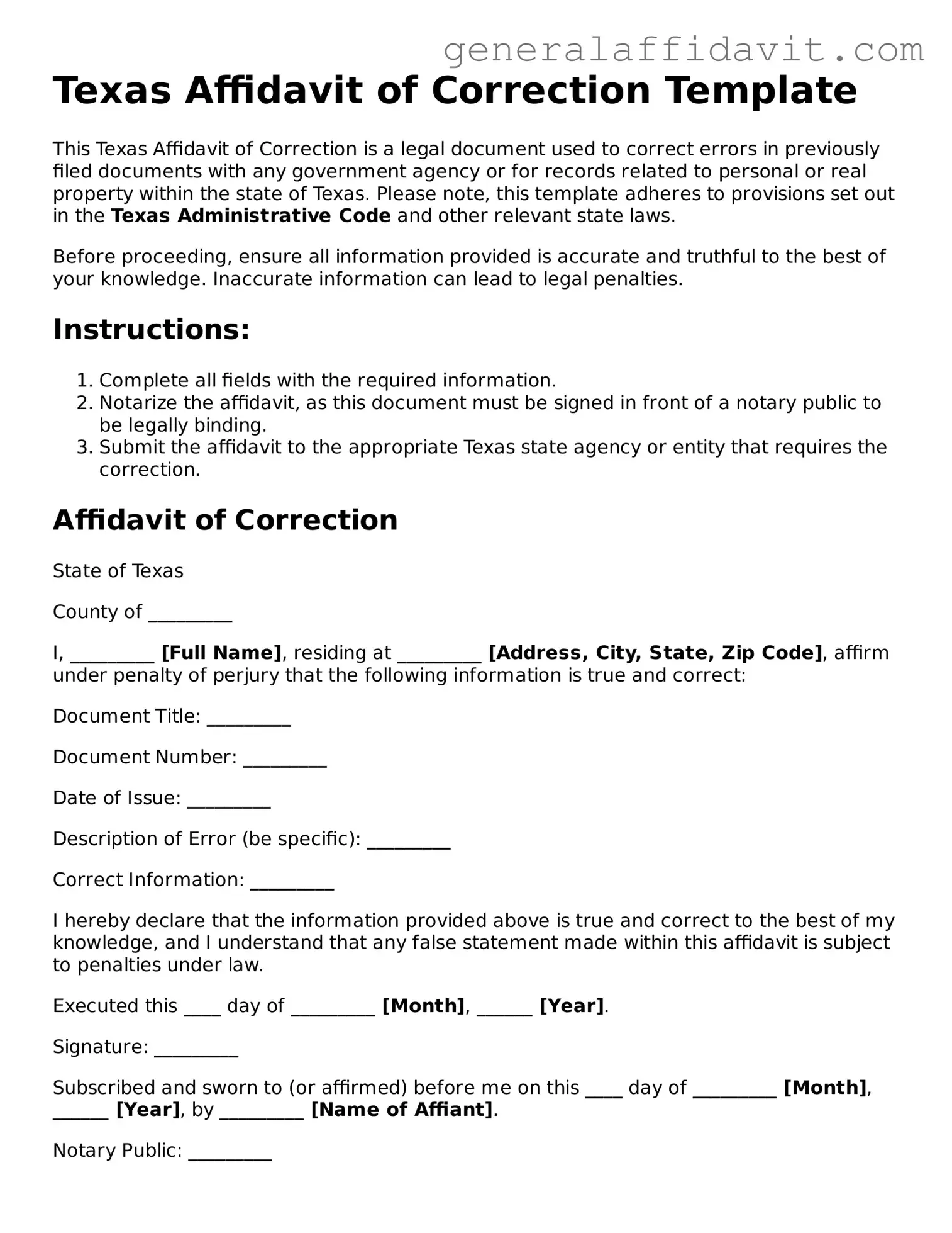Attorney-Verified Texas Affidavit of Correction Template