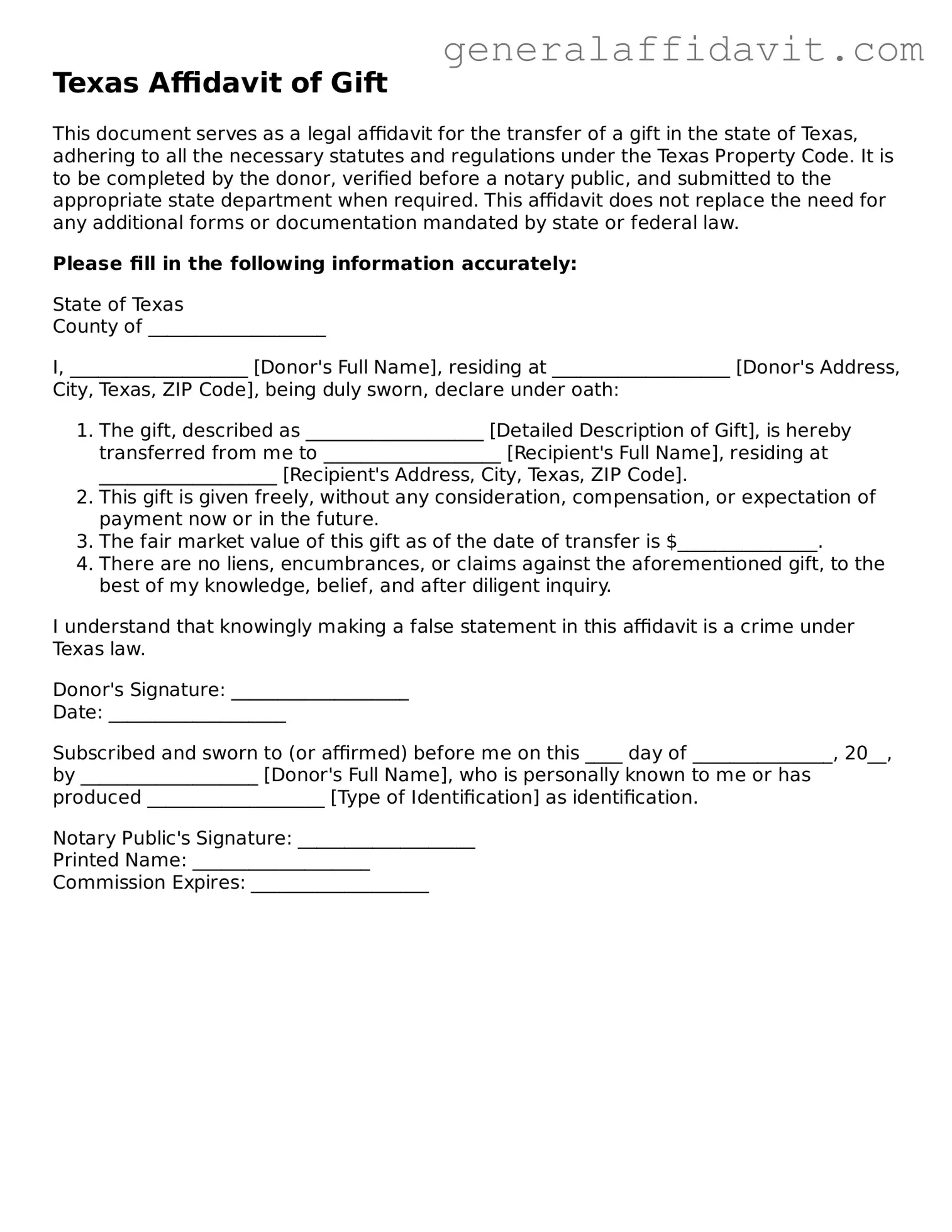 Attorney-Verified Texas Affidavit of Gift Template