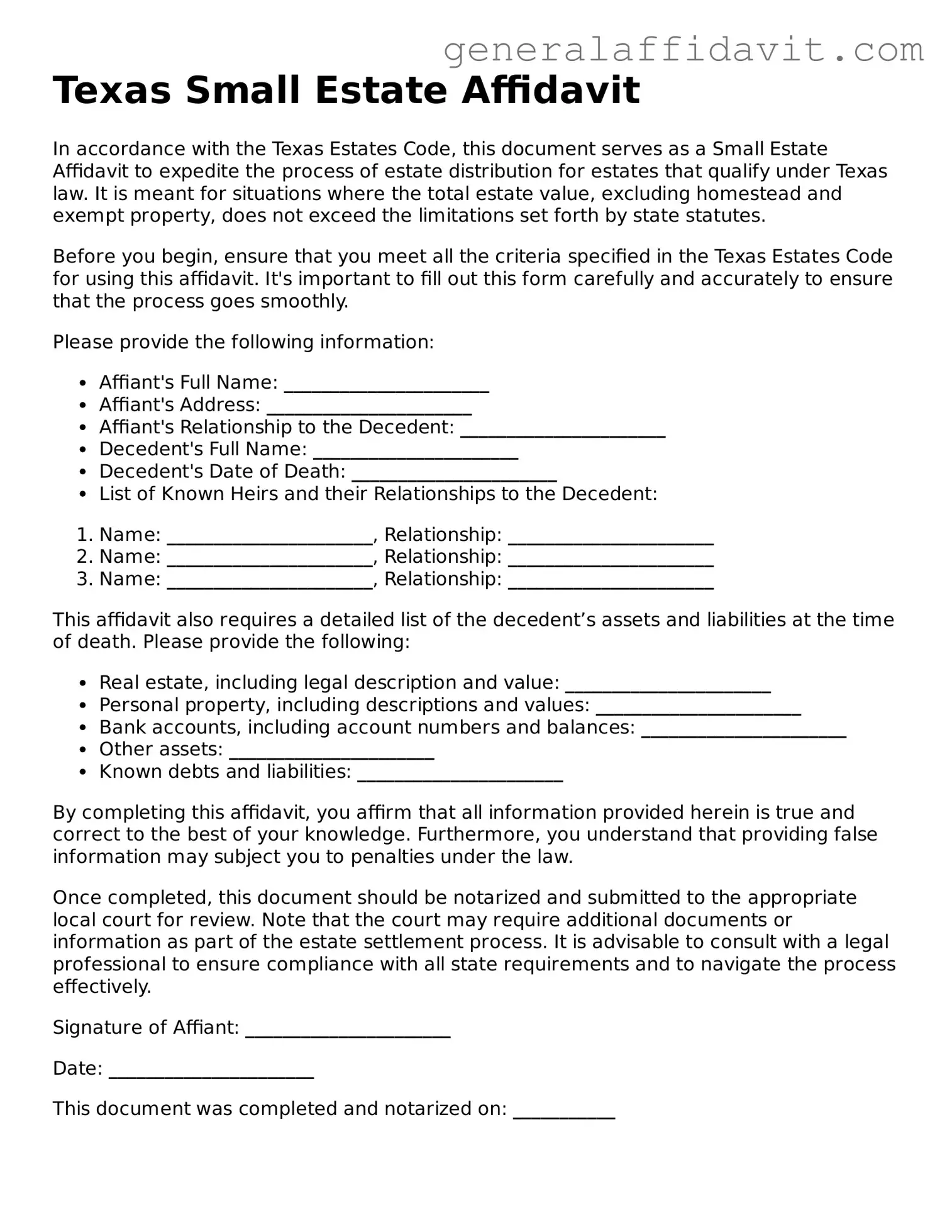 Attorney-Verified Texas Small Estate Affidavit Template