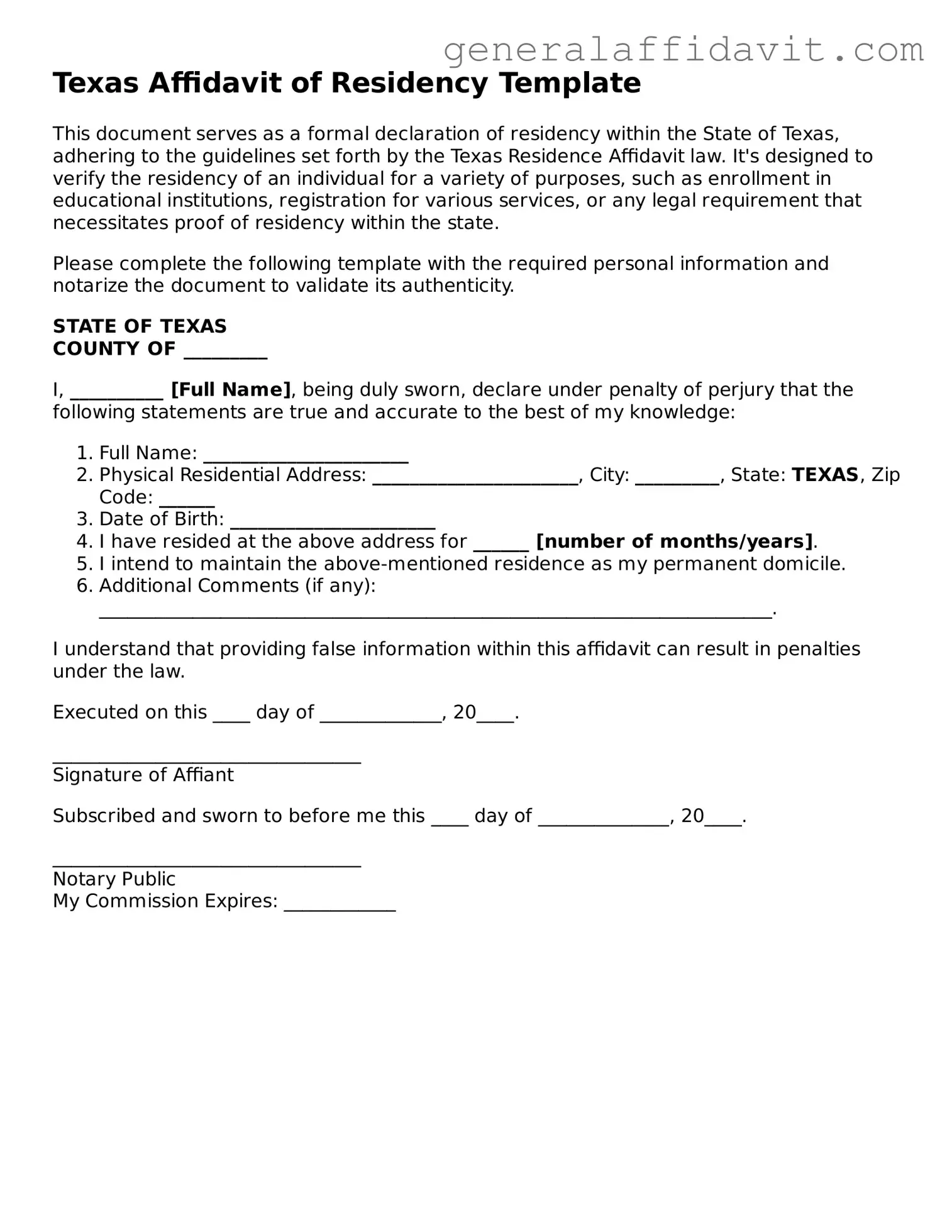 Attorney-Verified Texas Affidavit of Residency Template