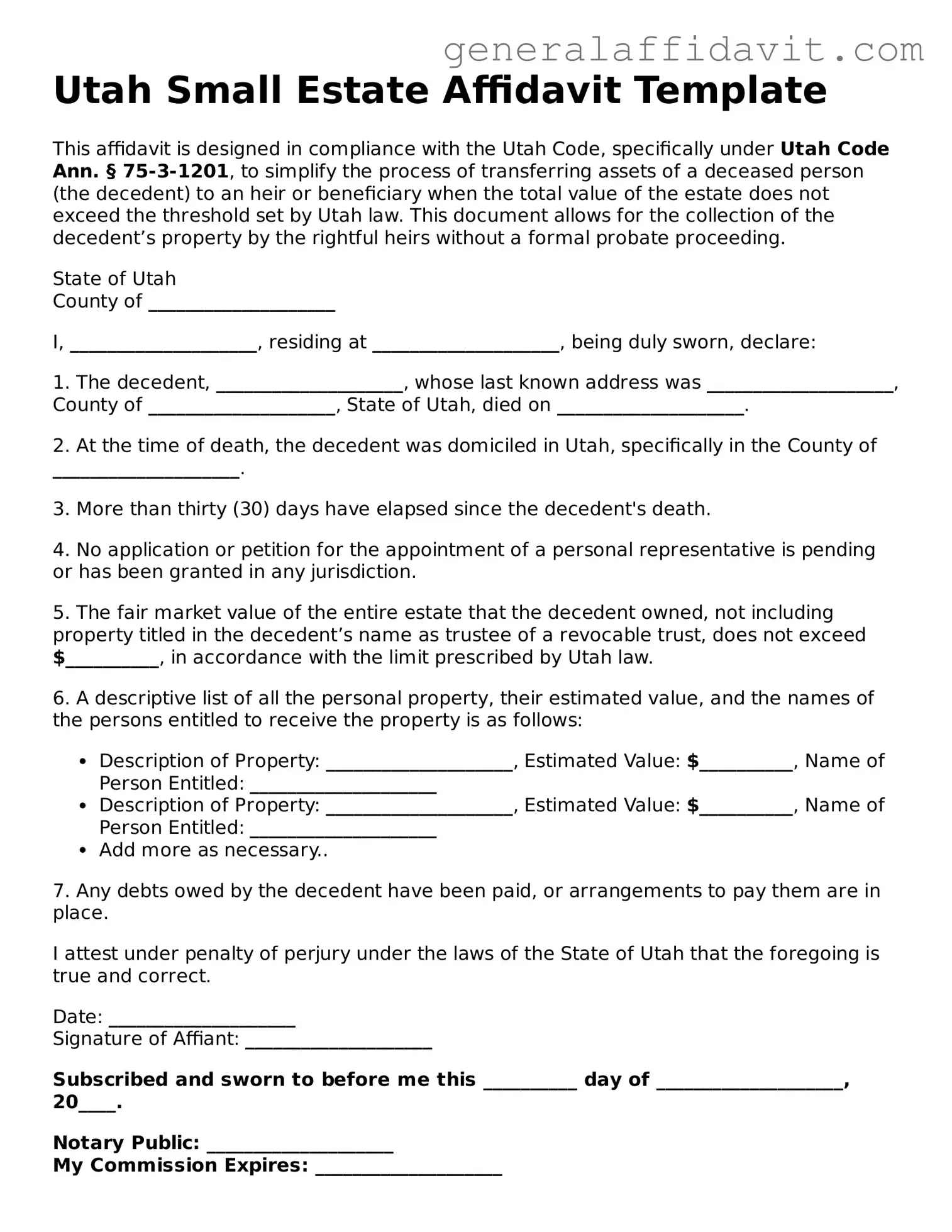 Attorney-Verified Utah Small Estate Affidavit Template