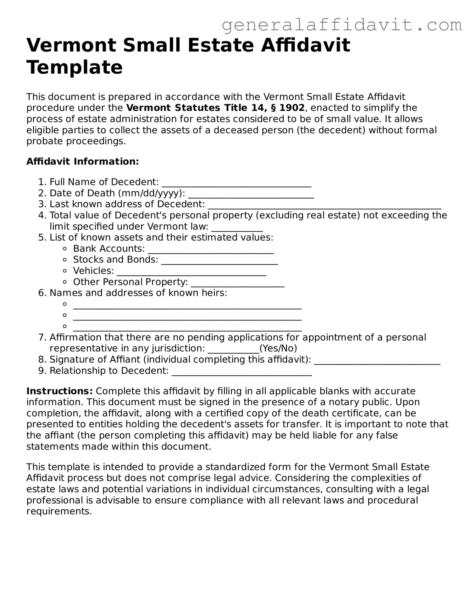Attorney-Verified Vermont Small Estate Affidavit Template