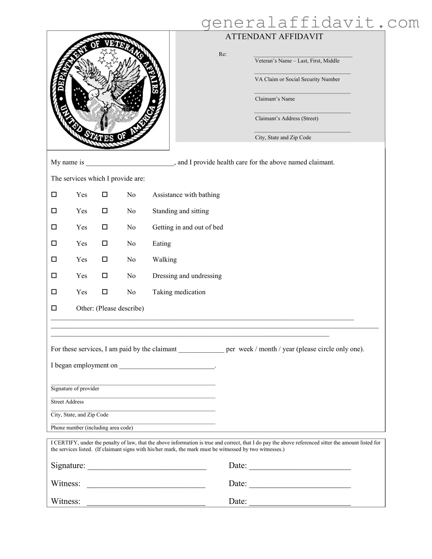 Fill Your Veterans Affair Attendant Affidavit Form