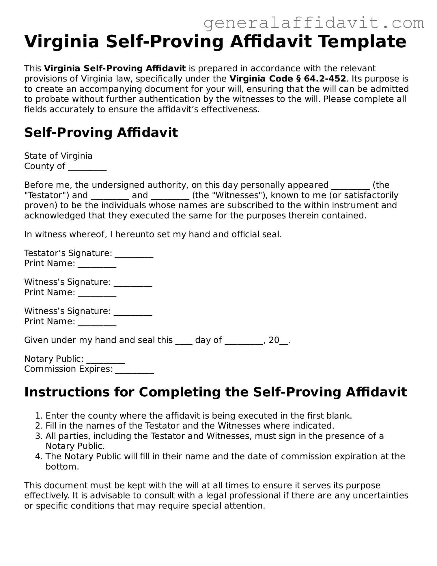 Attorney-Verified Virginia Self-Proving Affidavit Template