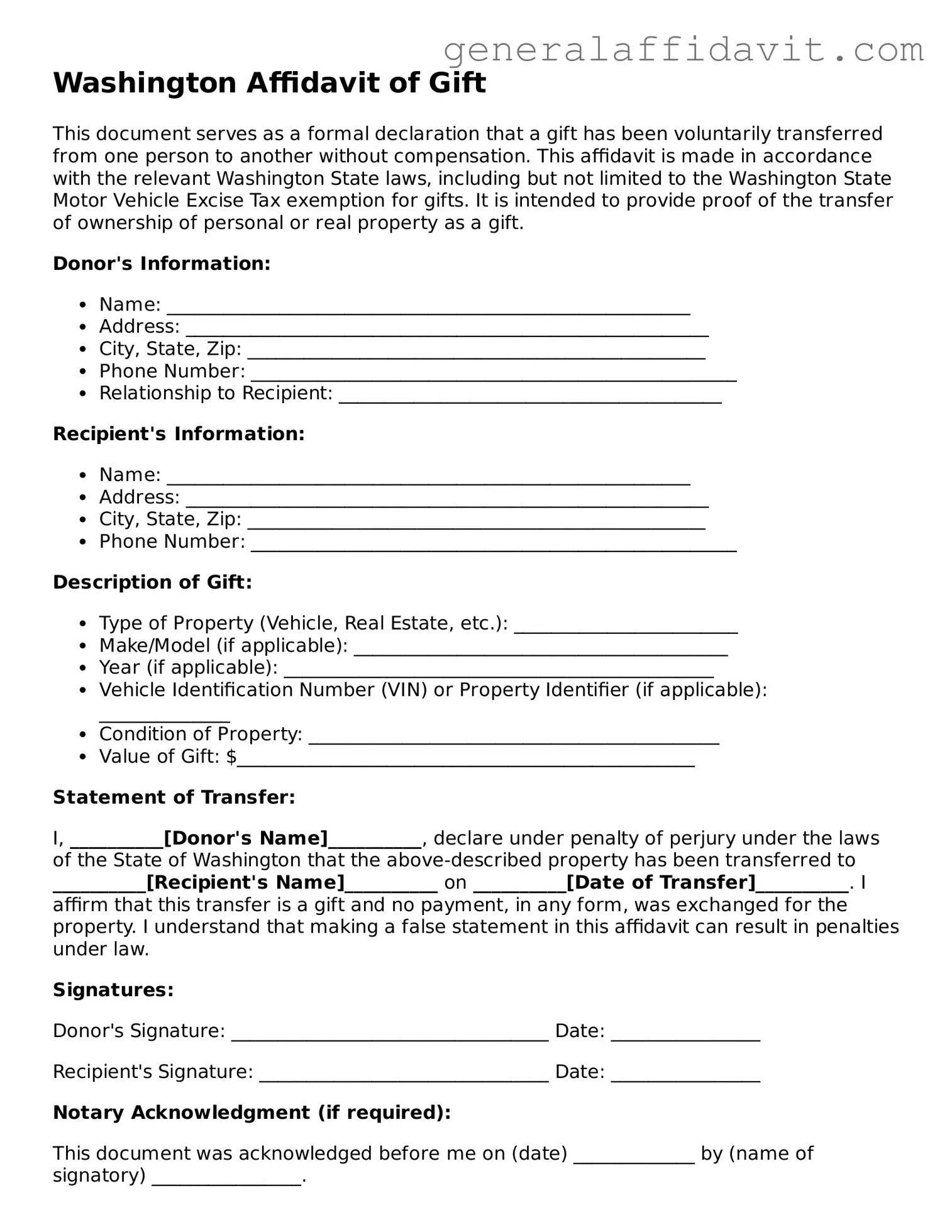 Attorney-Verified Washington Affidavit of Gift Template
