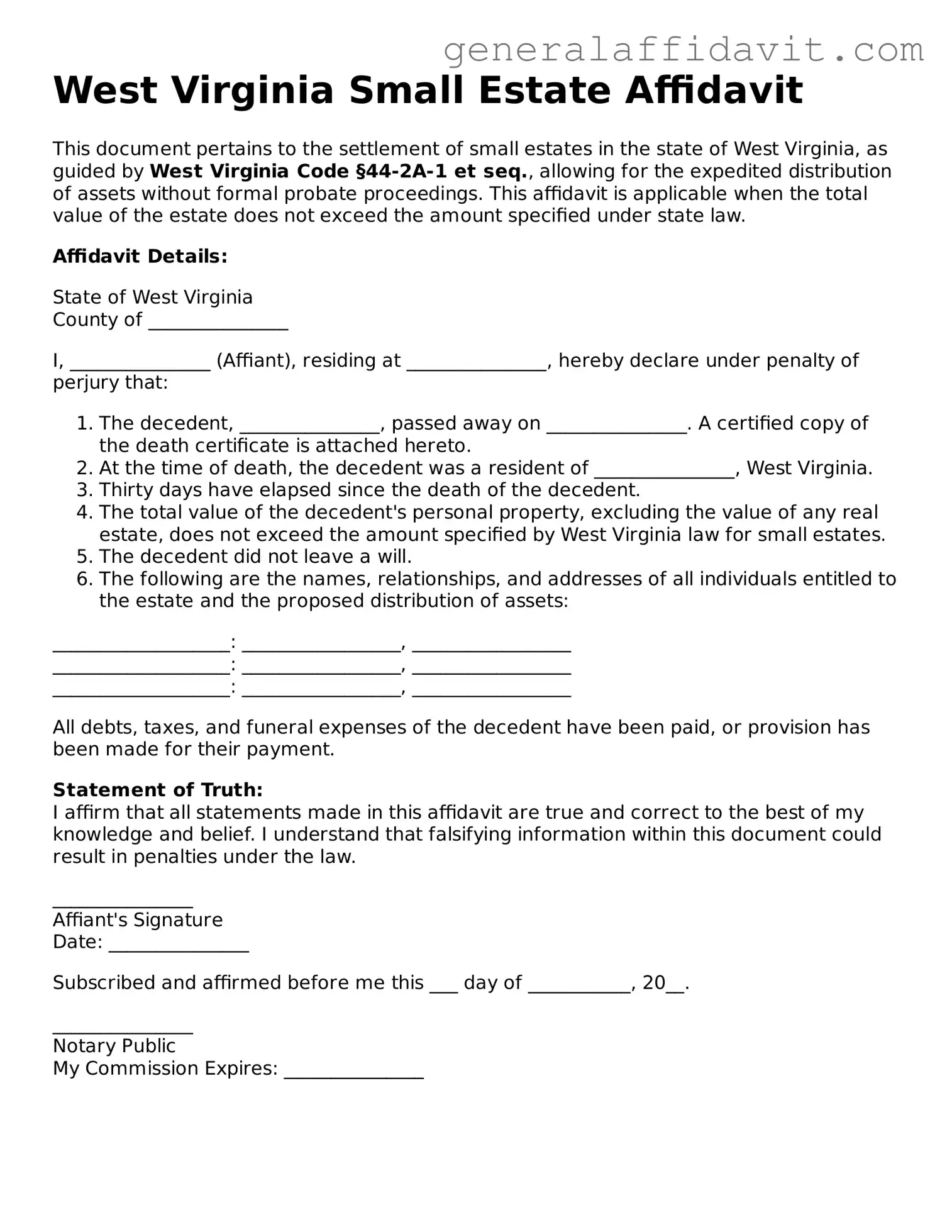 Attorney-Verified West Virginia Small Estate Affidavit Template
