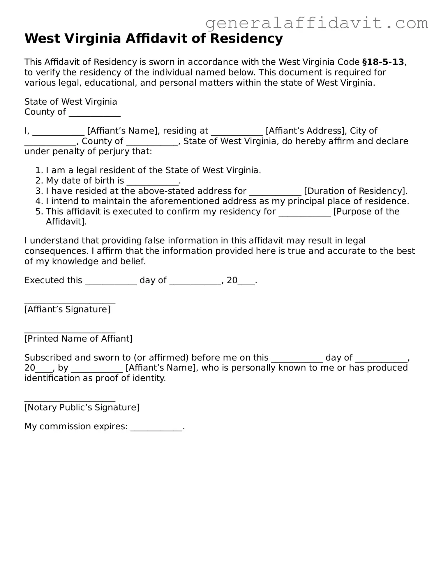 Attorney-Verified West Virginia Affidavit of Residency Template
